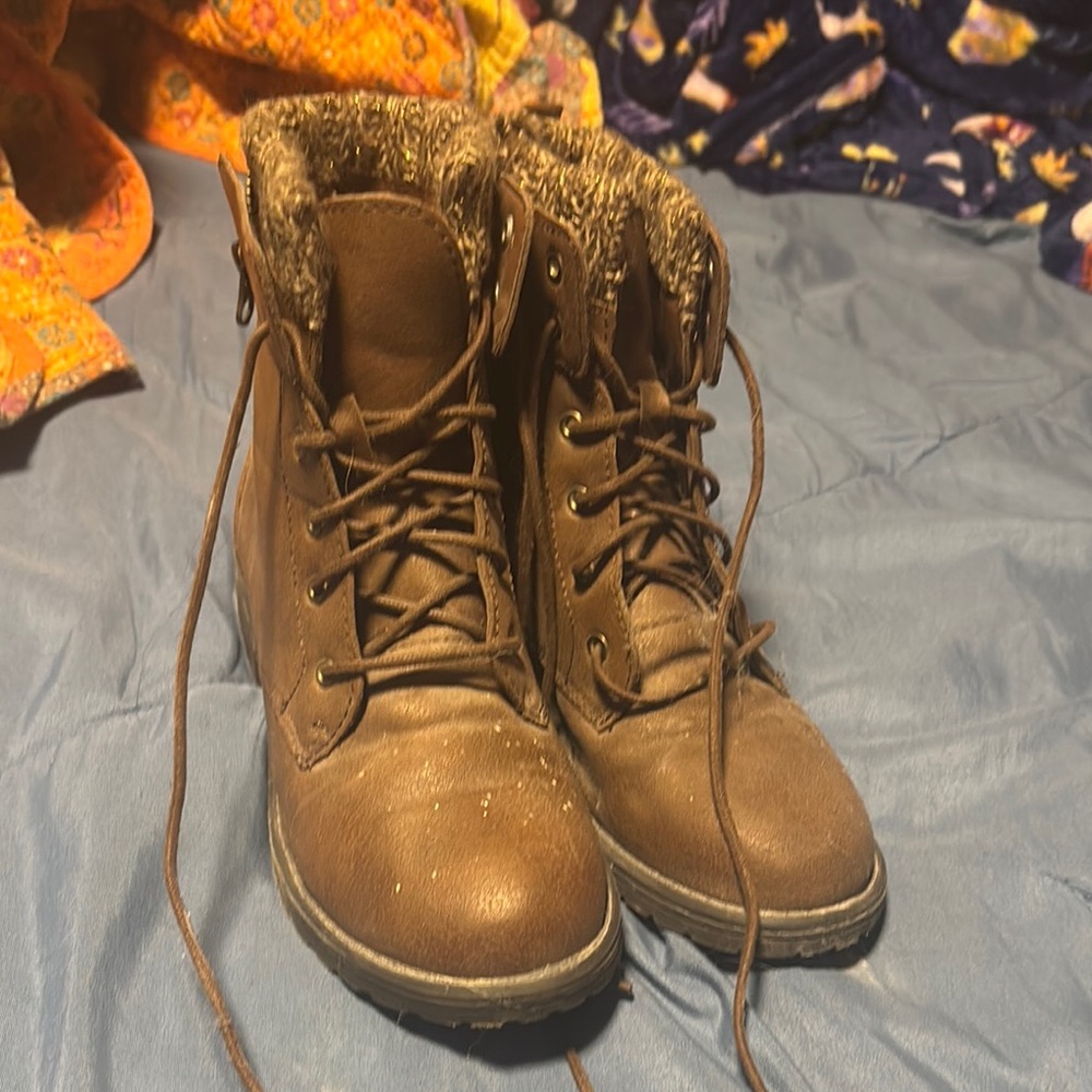 Wonder Nation Brown Combat Moto Boots with Lace-Up Design